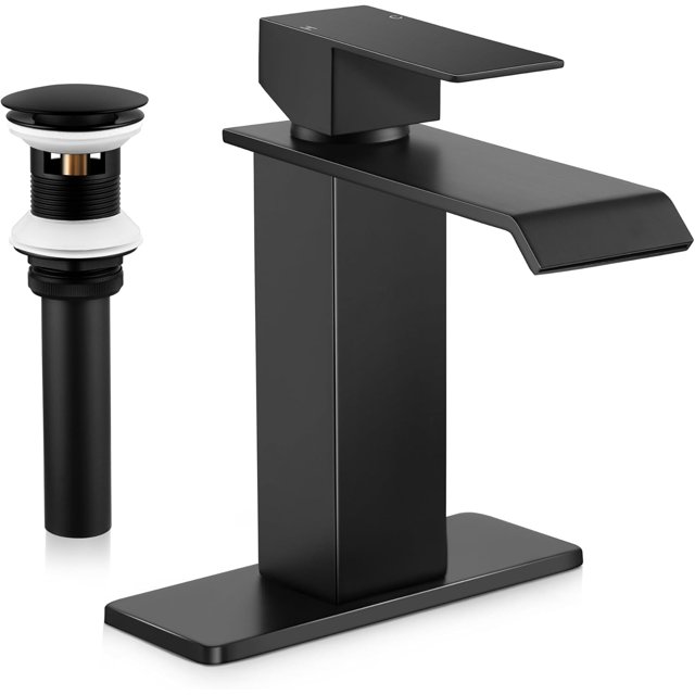 Matte Black Bathroom Faucet with Pop Up Drain, Waterfall Bathroom Sink
