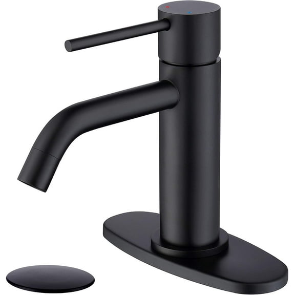 Matte Black Bathroom Faucet Single Hole, JXMMP Single Handle Bathroom Sink Faucets with Pop Up Drain and 6 inch Deck Plate and cUPC Water Supply Hose