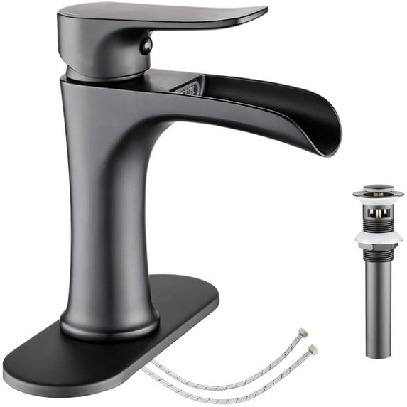 Matte Black Bathroom Faucet YUNDOOM Waterfall Bathroom Sink Faucet with Pop Up Drain Single Handle One Hole or Three Holes Vanity Faucet Farmhouse RV Bathroom Basin Faucet