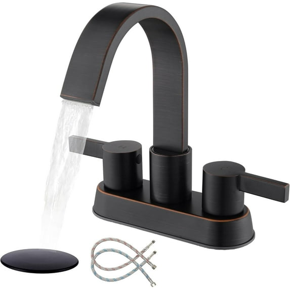 Matte Black Bathroom Faucets for Sink 3 Hole, 4 Inch Centerset Waterfall Faucet Bathroom Sink Faucet with Pop-up Drain and 2 Supply Hose, SUS304 2 Handle Faucet for Bathroom Sink