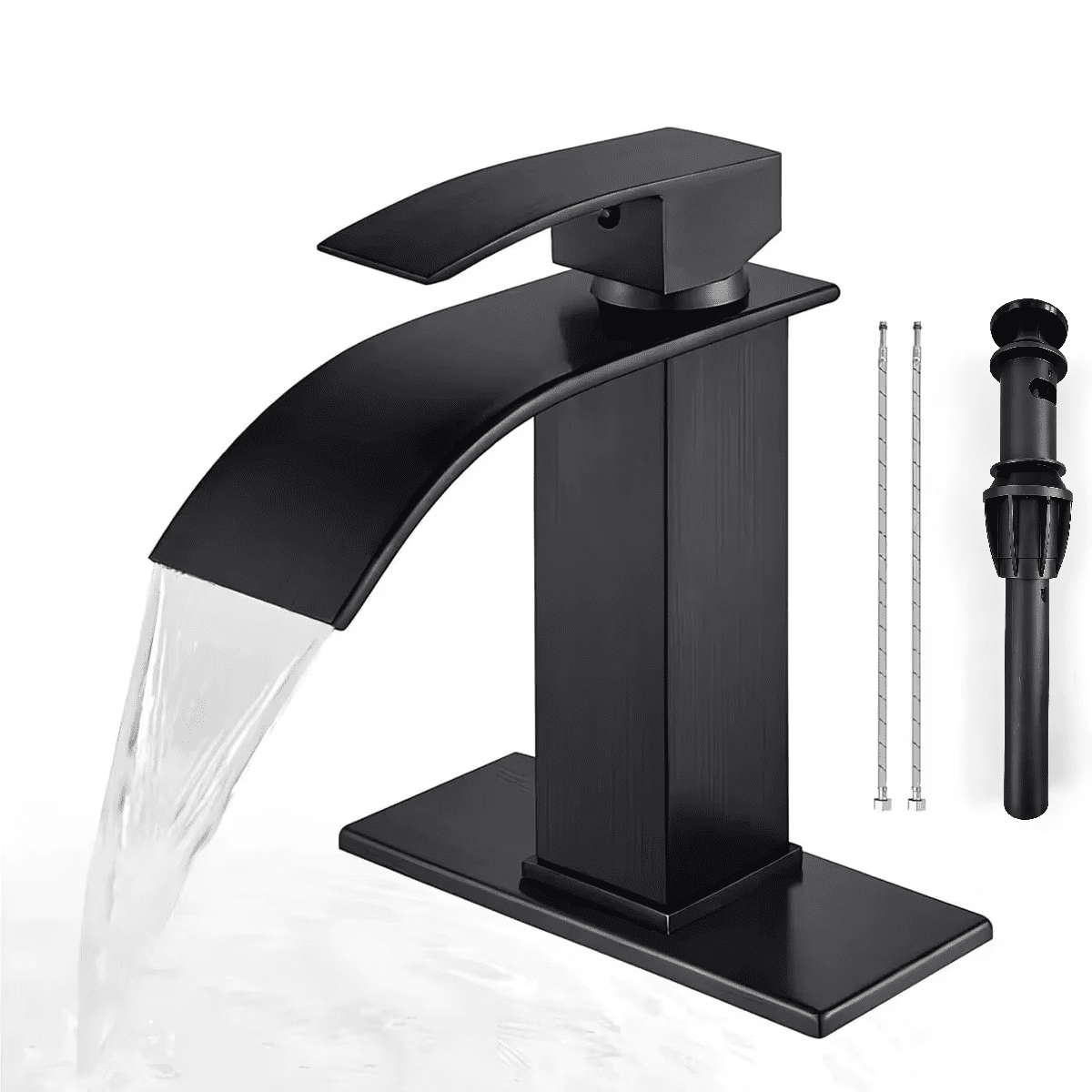 Matte Black Bathroom Faucets, Waterfall Bathroom Sink Faucet Modern Single Handle Bathroom Faucte 1 or 3 Hole, RV Mixer Tap Vanity Faucet - Includes Pop-up Drain Supply Hoses Deck PlateA