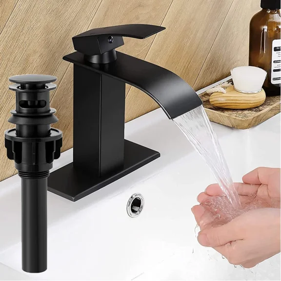 Matte Black Bathroom Faucets, Waterfall Bathroom Sink Faucet Modern Single Handle Bathroom Faucte 1 or 3 Hole, RV Mixer Tap Vanity Faucet - Includes Pop-up Drain Supply Hoses Deck Plate