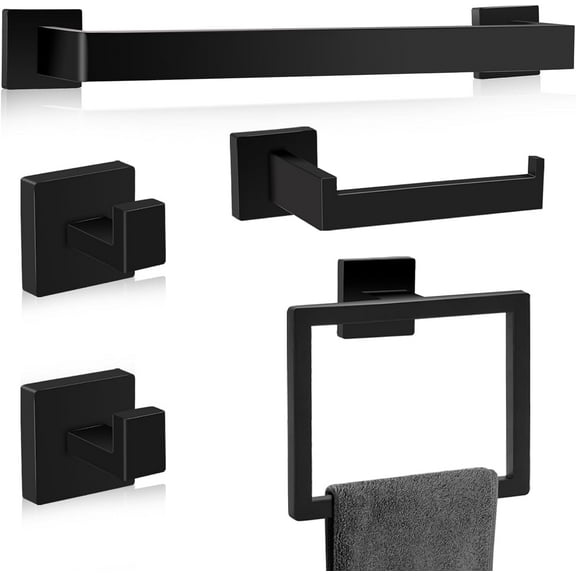 Matte Black Bathroom Hardware Accessories Set of 5 Pieces, 15.6 Inch Bath Towel Bar Set, 304 Stainless Steel Racks for Wall Mounted