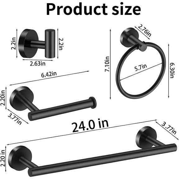 Matte Black Bathroom Hardware Set - 10 Piece Stainless Steel Towel Bar Ring Holder & Hooks