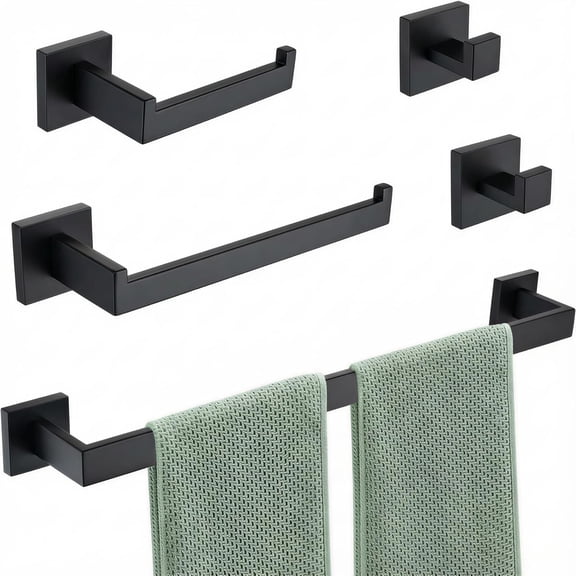 Matte Black Bathroom Hardware Set 5-Piece, Modern Square SUS304 Stainless Steel Bath Accessory Kit with 23.6" Towel Bar