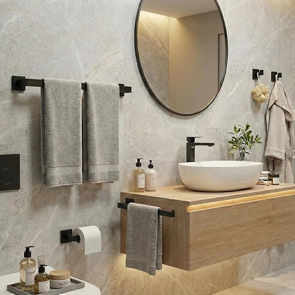 Matte Black Bathroom Hardware Set 5-Piece Modern Square SUS304 Stainless Steel Bath Accessory Kit with Towel Bar