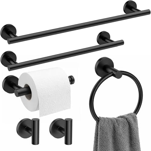 Matte Black Bathroom Hardware Set 6-Piece, SUS304 Stainless Steel Bath Accessories Kit, Includes 24" & 16" Towel Bars, Toilet Paper Holder, Towel Ring, 2 Robe Hooks, Wall Mounted Round Style