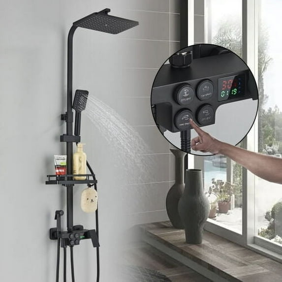 Matte Black Bathroom Shower System with Shelf Hand Shwoer Single Handle Four Buttons Display