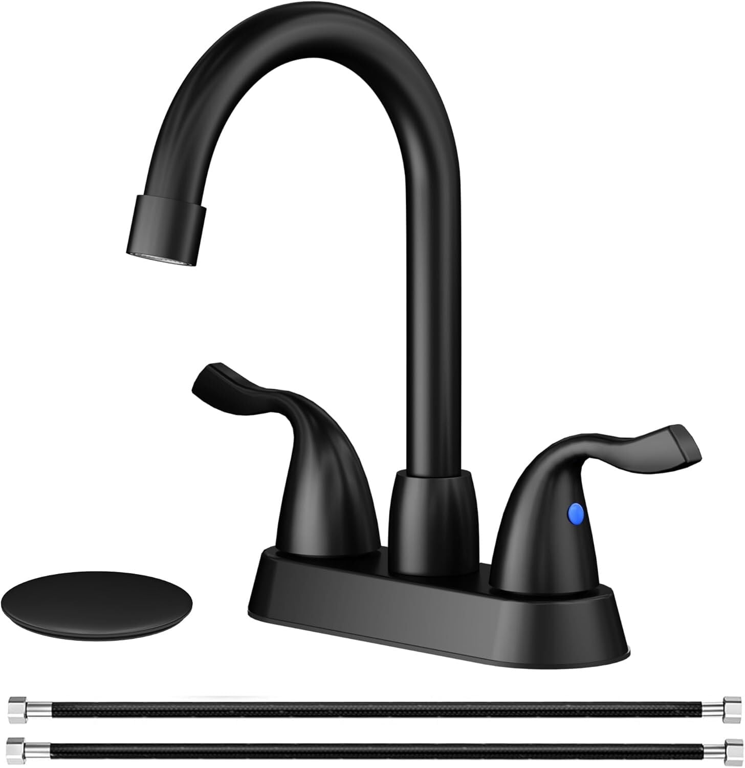 Matte Black Bathroom Sink Faucet, 2 Handle Bathroom Faucet 4 Inch Centerset Bathroom Faucet 3 Hole with Pop-up Drain and Supply Lines, Stainless Steel 360 Swivel Spout, Lead-Free
