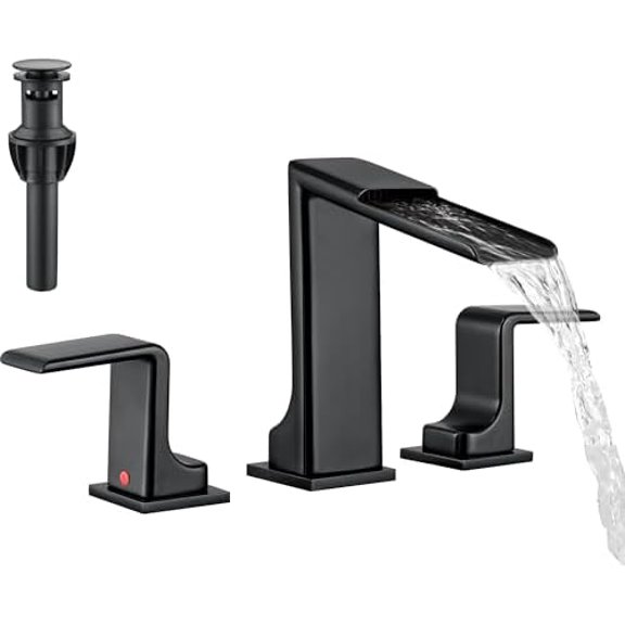 Matte Black Bathroom Sink Faucet 3 Hole - 8 Inch Waterfall Vanity Faucets with Pop Up Drain - Modern Widespread 2 Handles Bathroom Faucet for Farmhouse, Restroom, Lavatory$$Tools & Hardware Other