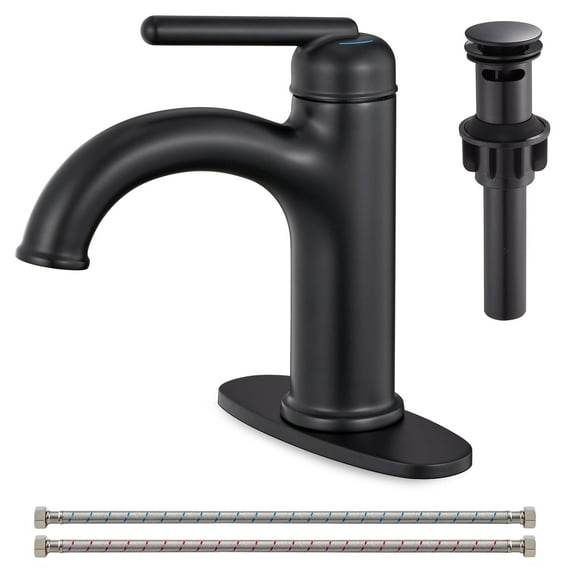 Wowkk Brass Bathroom Faucets Matte Black Bathroom Sink Faucets Single Handle Vanity Faucets Pop-Up Drain Included, Modern RV Faucet with Water Supply Line and Deck Mount 1 or 3 Hole