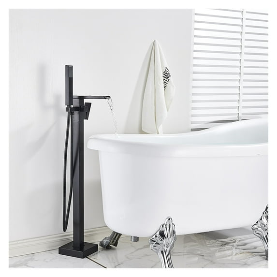 Matte Black Bathroom Standing Bathtub Faucet Tub Waterfall Spout Plastic Hand Shower Floor Stand Bath Tub Hot Cold Mixer Tap