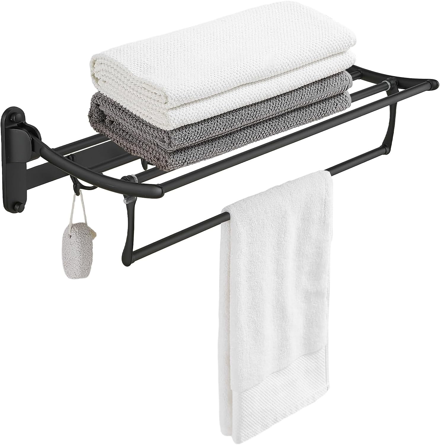 Matte Black Bathroom Towel Rack WallMounted Shelf with Foldable Bar