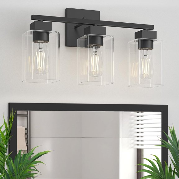Matte Black Bathroom Vanity Light, 3-Light Vanity Lighting fixtures Over Mirror, Square Design & UL Certification, Wall Sconces with Clear Glass Shades, E26 Socket (Bulbs Not Included)