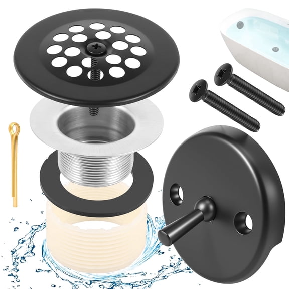 Matte Black Trip Lever Bathtub Drain Tub Trim Set with Trip Lever Overflow Face Plate and Strainer Universal 1-1/2 Coarse and 1-3/8 Fine Thread