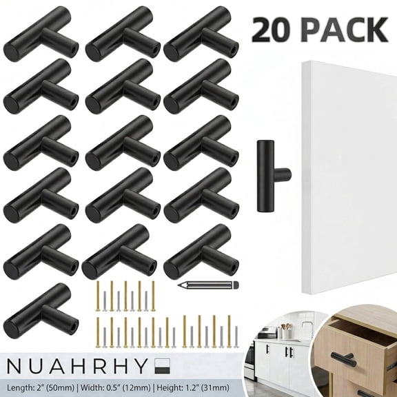 Matte Black Cabinet Knobs, 20 Pack Single Hole Cabinet Handles, 2 Inch Stainless Steel T Bar Drawer Pulls for Kitchen, Dressers, Closets