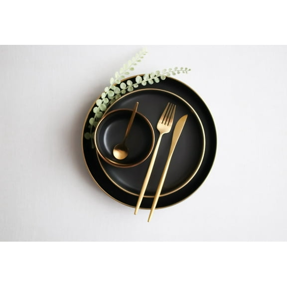 Matte Black Ceramic Dinnerware Set with Gold Rim  4 Pieces | Luxury Collection