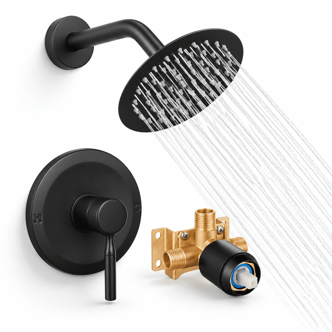 Matte Black Classic 6 Inch High Rain Shower Head And Faucet Valve Trim ...
