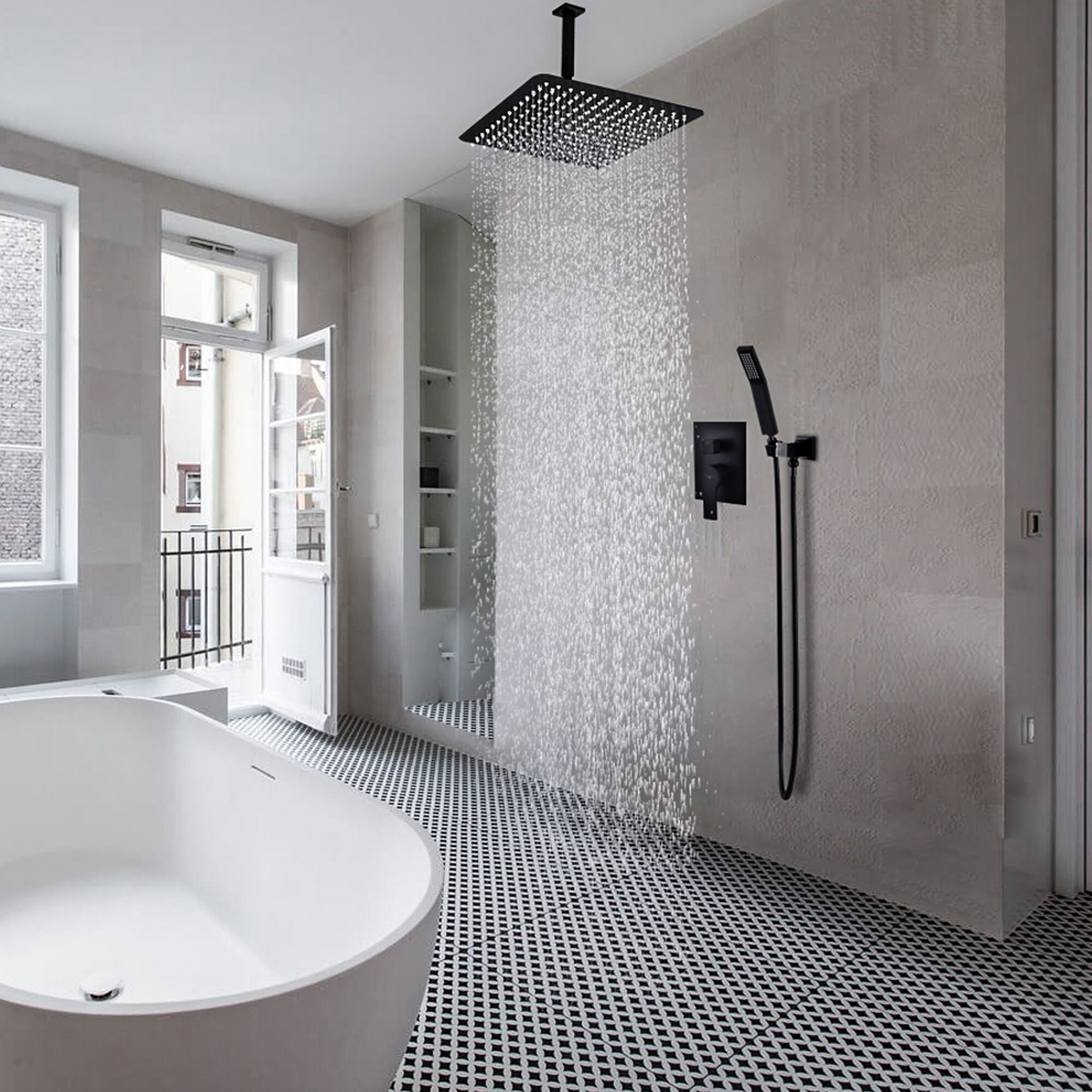 Matte Black Ceiling Mounted Rain Shower System with Handheld