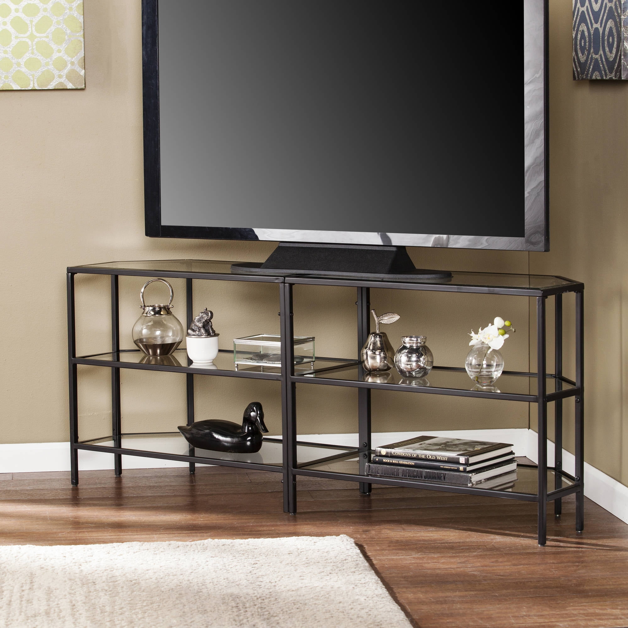 Black glass and metal tv stand deals