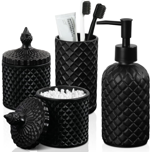 Matte Black Diamond Texture Glass Bathroom Accessories Set, 4-Piece Countertop Set with Soap Dispenser, Toothbrush Holder, and Two Storage Jars