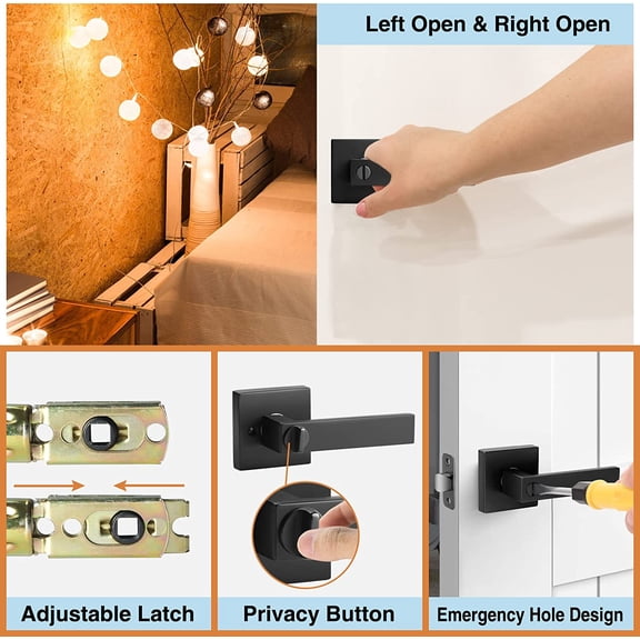 Matte Black Door Handle Interior Knob Keyless Levers Set (6 Pack), Heavy Duty Privacy Lock for Bedroom or Bathroom, Reversible for Left Right Sided Doors