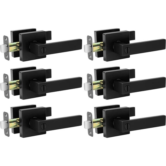 Matte Black Door Handle Interior Knob Keyless Levers Set (6 Pack), Heavy Duty Privacy Lock for Bedroom or Bathroom, Reversible for Left Right