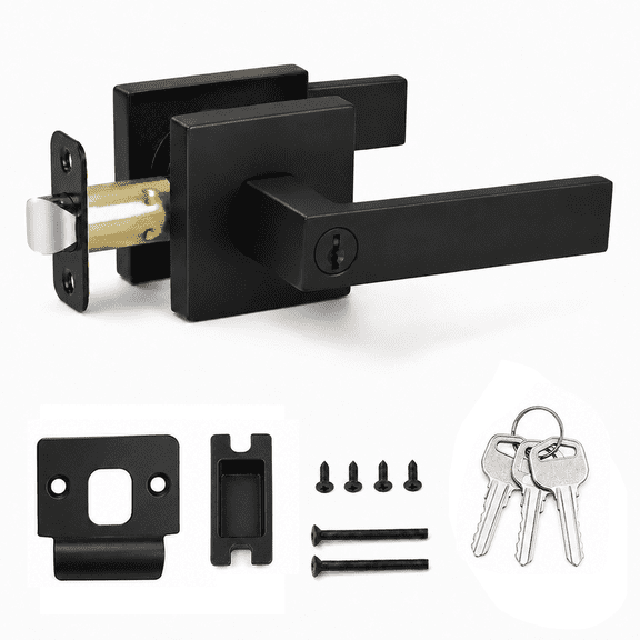 Matte Black Door Knob with Lock and Key, Heavy Duty Keyed Entry Door Knob, Exterior Front Door Lockset for Entrance, Bedroom, Bathroom and Office, Reversible, 1 Pack