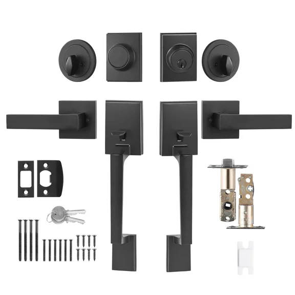 Matte Black Double Door Handle Set with Reversible Square Lever,Heavy Duty Lock Set for Front or Office Doors,Includes Dummy Handle
