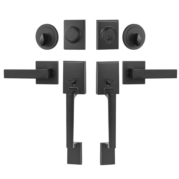 Matte Black Double Door Lever Set,Heavy Duty Reversible Handle for Front or Office Doors,Square Design with Dummy Lock