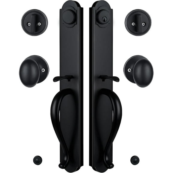 Matte Black Double Front Door Handleset in Camelot Trim, Heavy Duty Keyed &Dummy Exterior Door Lock Set with Deadbolt and Konb, Right & Left Handed, 17.52'' Length, X-2018DB-SET