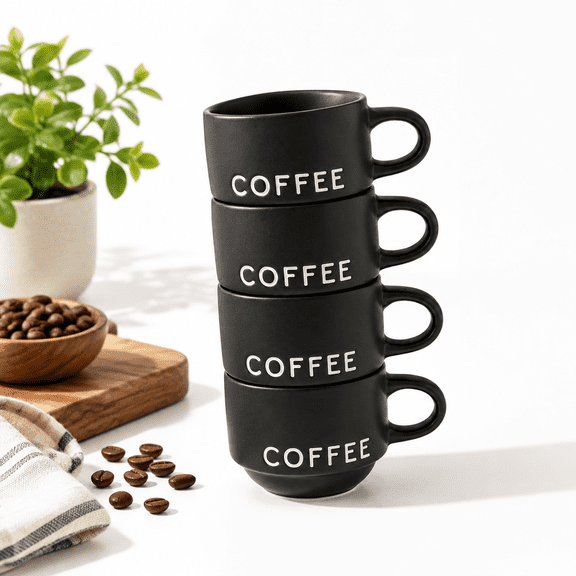 Matte Black Espresso Cups 4 Oz Stackable Porcelain Coffee Mugs Set Of 4