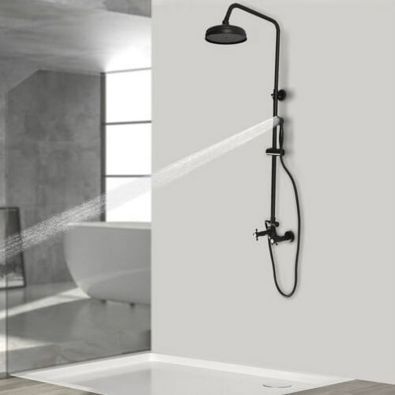 Matte Black Exposed Shower Faucet Kit Rain Shower w/Handheld Spray Double Knobs