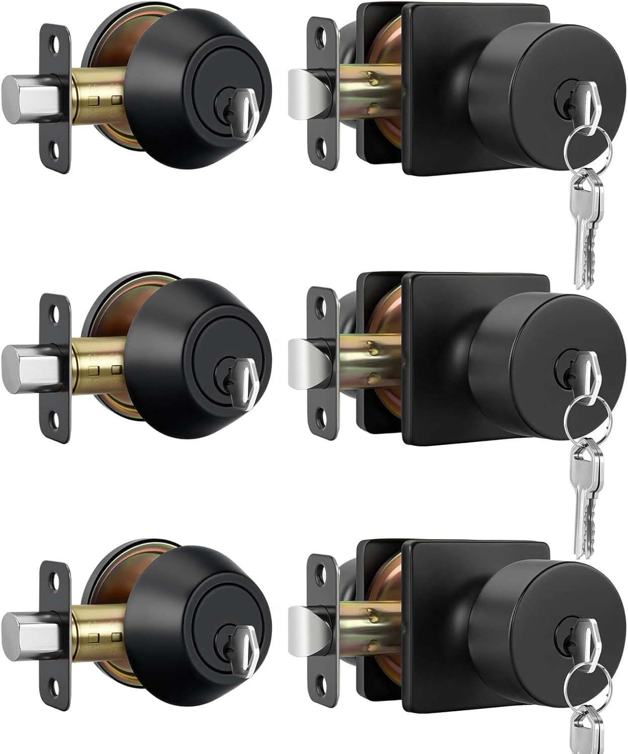 Matte Black Exterior Door Knob with Lock and Key, Keyed-Different Deadbolt Lock and Door Knob Set 3 Pack Set