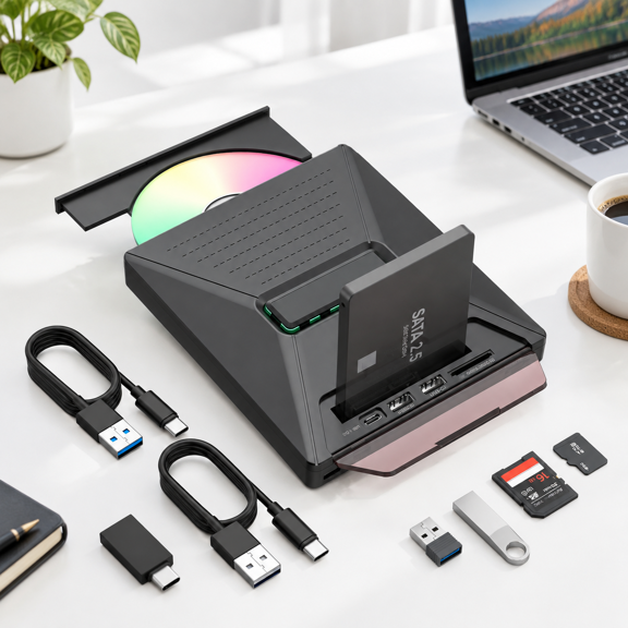 Matte Black External CD DVD Optical Drive with SATA Slot and Multi-Port Connectivity