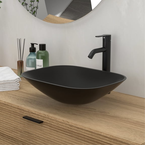 Matte Black Faucet And Tempered Glass Vessel Sink With Practical Pop-up Drain - Meets Your Bathroom Needs In Basin For Beyond