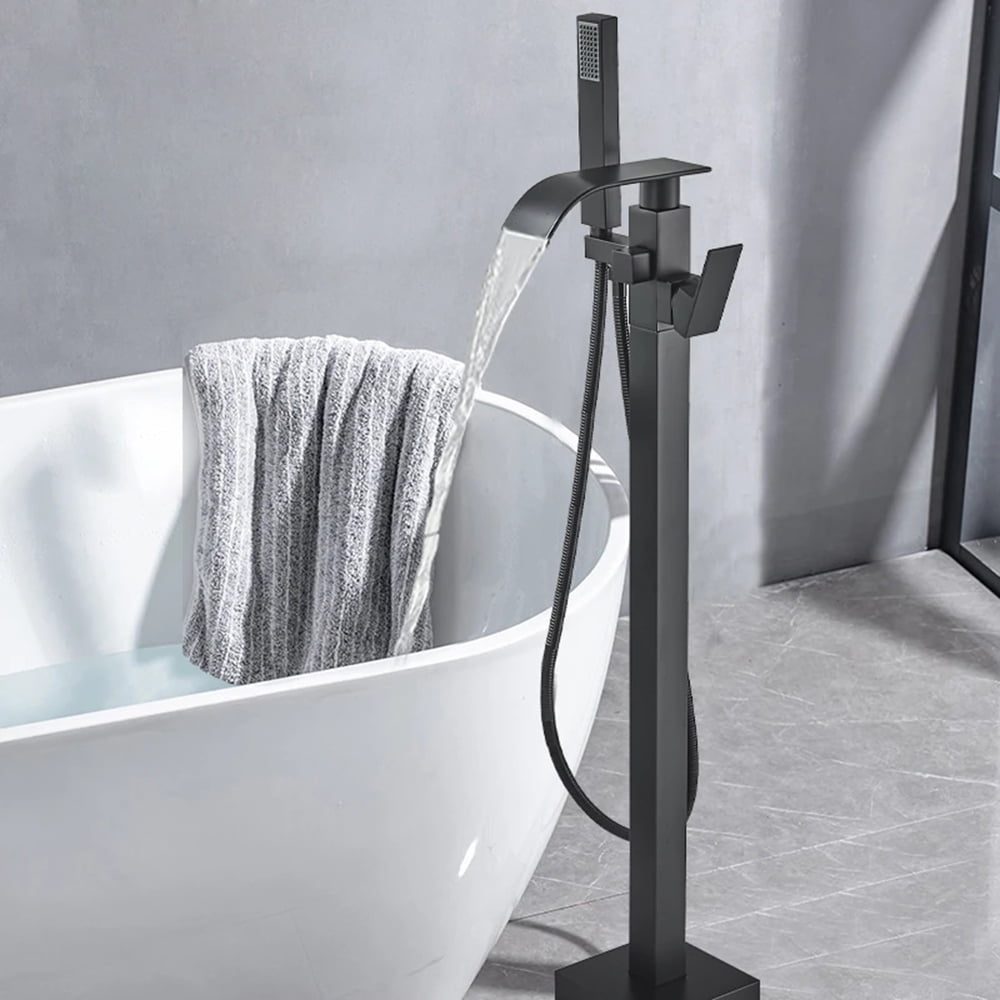 Matte Black Floor Mounted Bathtub Faucet Free Standing Tub Filler W/Hand Sprayer