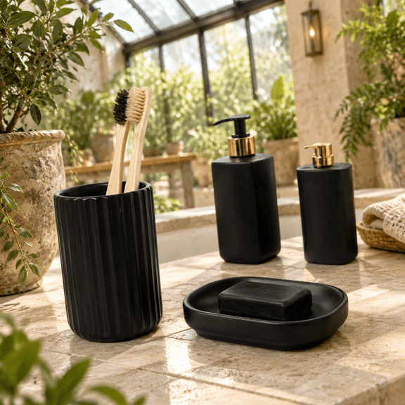Matte Black Fluted Vertical Ribbed Stoneware Toothbrush Holder