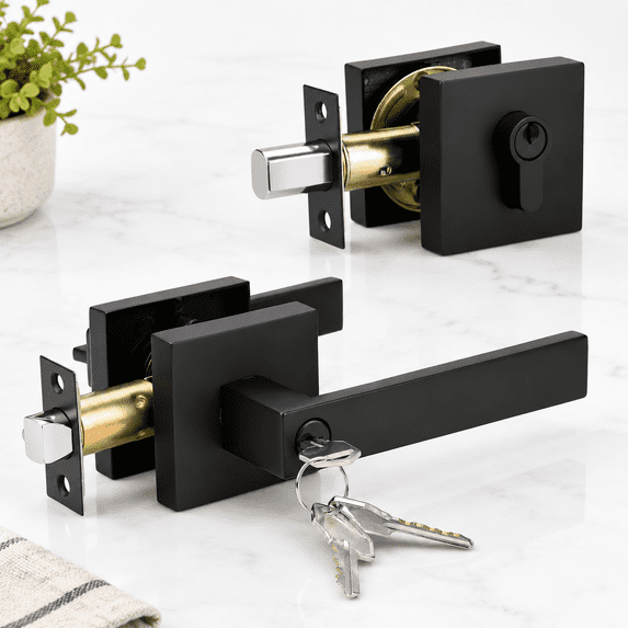 Matte Black Front Door Handle And Deadbolt Set Keyed Entry Single ...