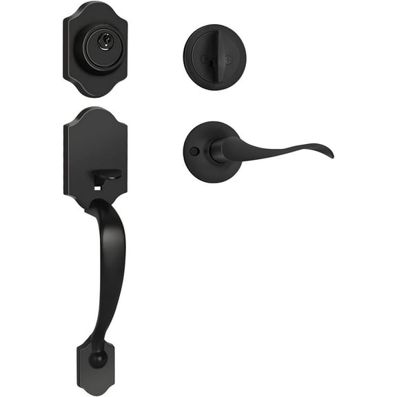 Matte Black Front Door Handle and Deadbolt Set, Front Door Lock Set, Weather Resistant Entry Door Locksets with Deadbolt Single Cylinder, Exterior Door Handle with Reversible Handle Lever