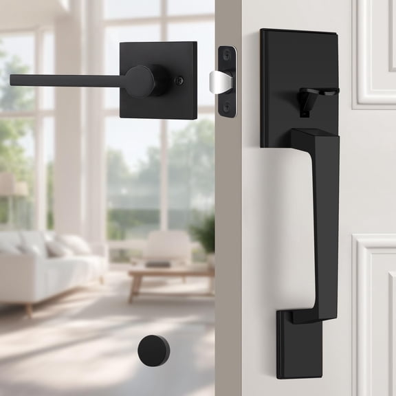 Matte Black Front Door Handle, Entry Door Handle No Lock, Exterior Handle with Passage Door Lever, Reversible for Left/Right Handed Doors, Heavy Duty Door Hardware