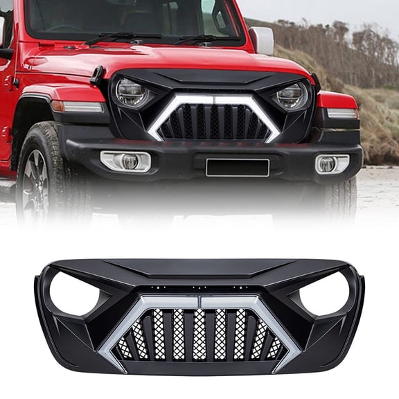 Matte Black Front Goliath Style Grille Grill w/DRL & Turn Lights for 2018-2023 Jeep Wrangler JL JLU JT