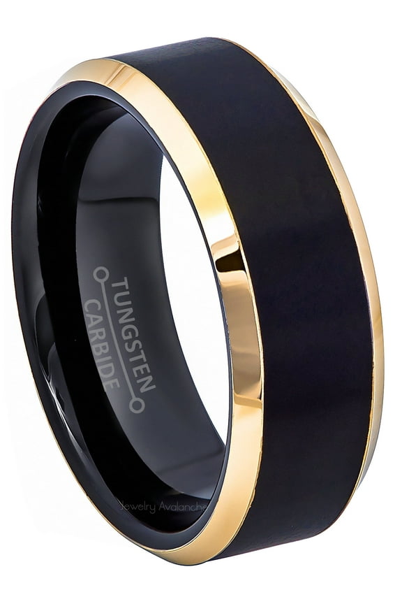 Brushed Black & Gold Beveled Tungsten Mens Wedding Band 8mm