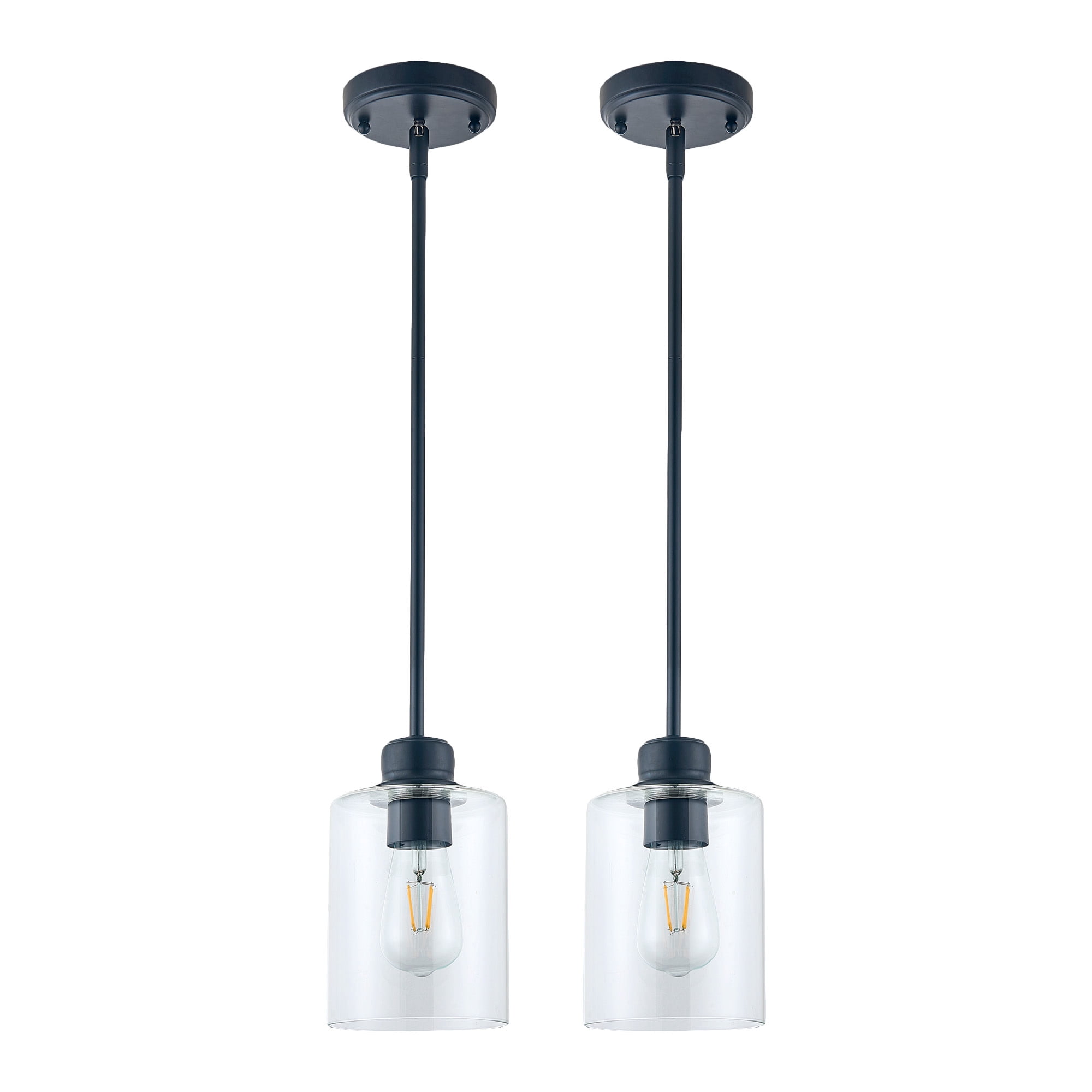 Matte Black Haddie 1-Light Mini Pendant, Dimmable with Clear Glass Shade, Sloped Ceiling Compatible, 2-Pack