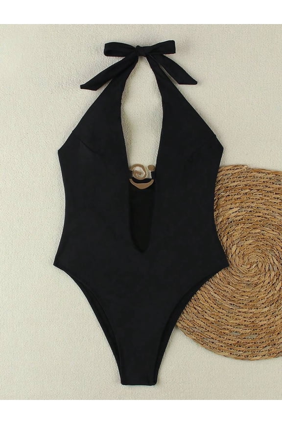 Matte Black Halter Bow Deep V Gold Ring High Cut One Piece Swimsuit, Minimalist Chic Modest Swimwear Sizes