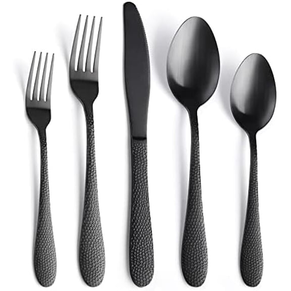 Matte Black Hammered Silverware Set for 8, 40-Piece Modern Flatware Set,Fine Dining Utensil Tableware Cutlery Hammered Handle Knives,Forks,Spoons,Stainless Steel,Unique Reusable Dishwasher Safe