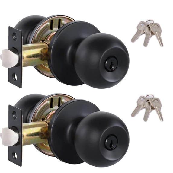Matte Black Keyed Entry Door Knob Set 2pcs with 3 Keys for Entrance Doors Adjustable Pins 30-50mm