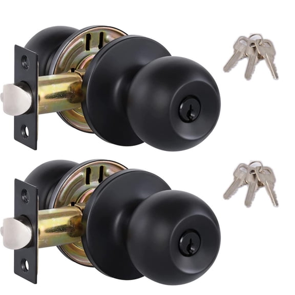 Matte Black Keyed Entry Door Knob Set 2pcs with 3 Keys for Entrance Doors Adjustable Pins 30-50mm