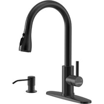 Matte Black Kitchen Faucet with Pull Down Sprayer and Soap Dispenser, DAYONE Single Handle High Arc Stainless Steel Kitchen Faucet Tap, with Escutcheon & 3 Functions