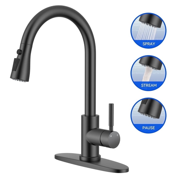 Matte Black Kitchen Faucet with Pull Down Sprayer Single Handle Stainless Steel Commercial Modern for 1 or 3 Hole Farmhouse Camper Laundry Utility Rv Bar Sinks